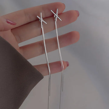 Simple Cross Long Chain Tassel Drop Earrings For Women Dangle Earring Silver Color Piercing Line Trendy Ear Jewelry