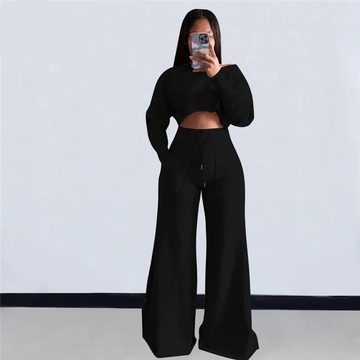 VAZN 2022 INS High-end Hoodies Set Sexy Young Daily Solid High Waist Full Sleeve + Long Wide Leg Pants Lady 2 Piece Sets