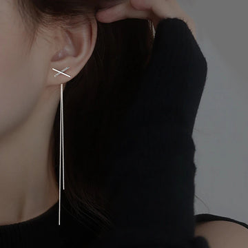 Simple Cross Long Chain Tassel Drop Earrings For Women Dangle Earring Silver Color Piercing Line Trendy Ear Jewelry